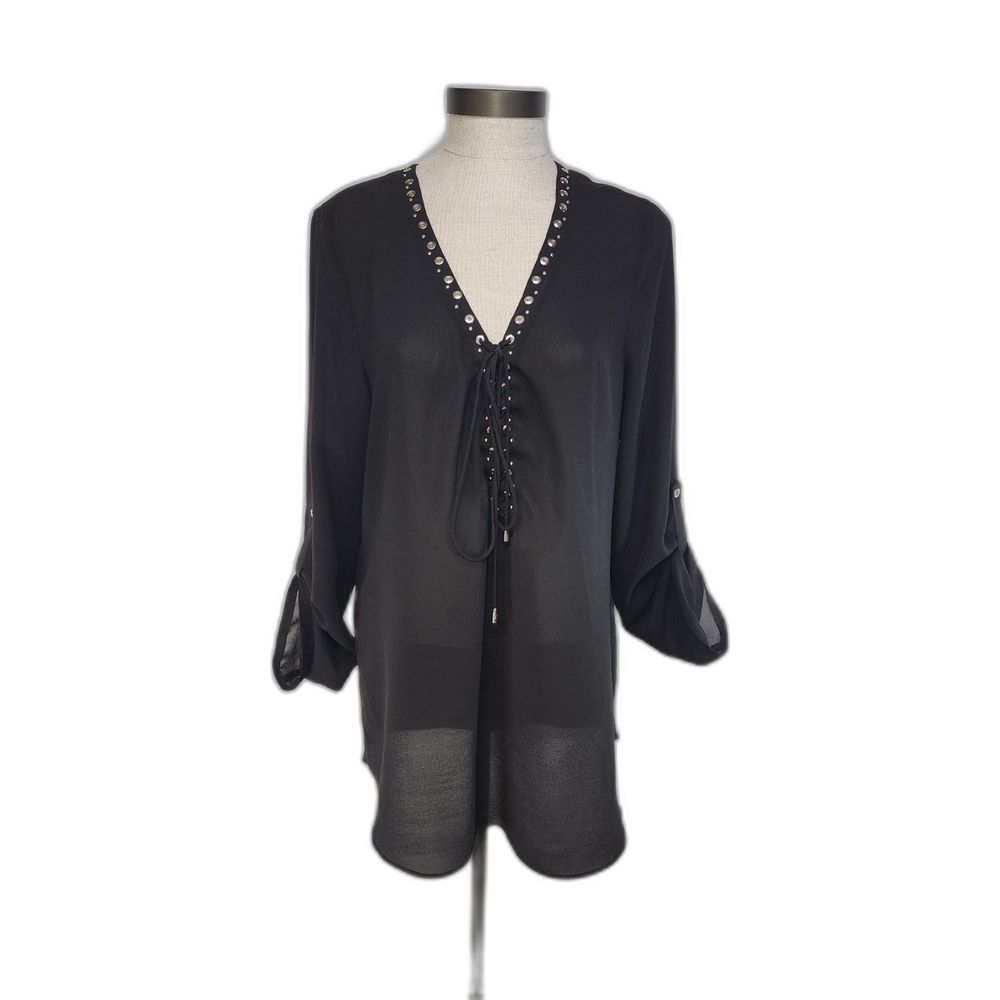 Mona Leah Couture Women's Black Roll-sleeve sheer blouse Size M